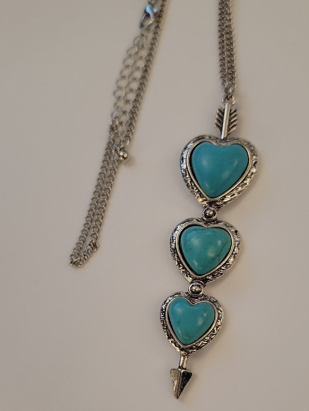 Silver-Tone Turquoise Heart Pendant Necklace - Triple Heart Arrow Design